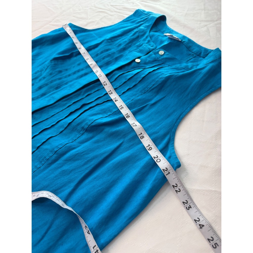 J. Jill Love Linen Teal Blue Pleated Shift Dress 100% Linen Pockets Sleeveless L - Picture 7 of 8